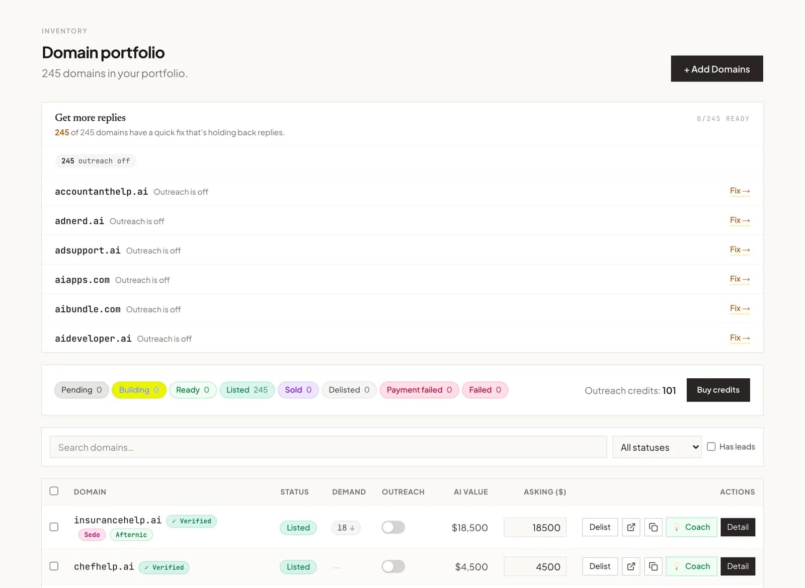 The Speeder portfolio view with a real domain list, statuses and prices